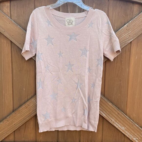 Chaser Light Pink w/Silver Stars Short Sleeve Sweater/Top. Medium Soft! New NWT - Picture 1 of 4